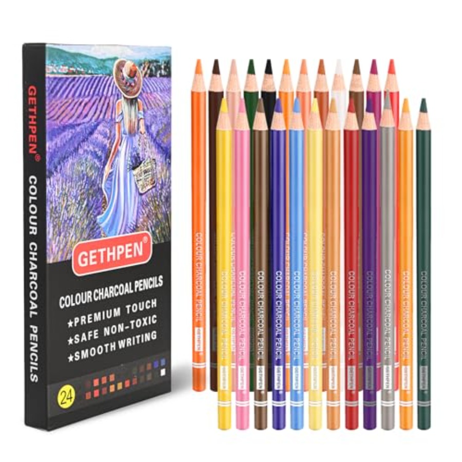 Chalk Pastel Set - Colored Charcoal Pencils Drawing Set, 24